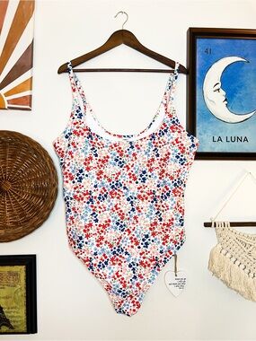 Floral Red & Blue Scoop Neck One-Piece Swimsuit